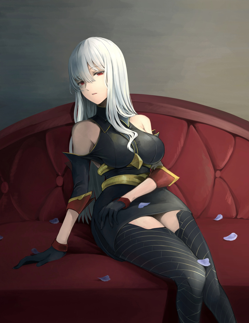 1girl absurdres arm_support bangs bare_shoulders black_gloves breasts couch gloves hair_between_eyes highres large_breasts long_hair military military_uniform petals red_eyes selvaria_bles senjou_no_valkyria senjou_no_valkyria_1 silver_hair sitting uniform yuuge_ningen