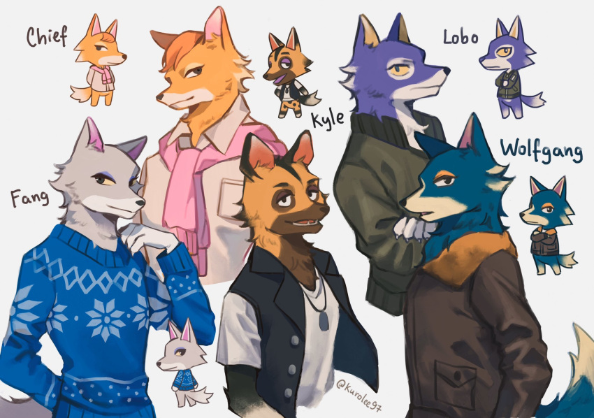 animal_crossing anthro black_eyes blue_body blue_eyes blue_fur brown_body brown_eyes brown_fur canid canine canis chief_(animal_crossing) claws clothing crossed_arms dipstick_tail dog_tags english_text fang_(animal_crossing) fur grey_body grey_fur group hair hi_res kurolee97 kyle_(animal_crossing) lobo_(animal_crossing) looking_at_viewer looking_back male mammal markings multicolored_body multicolored_fur multicolored_tail nintendo open_mouth orange_body orange_fur orange_hair pose shirt short_hair signature simple_background sweater tan_body tan_fur text topwear two_tone_body two_tone_fur vest video_games white_background wolf wolfgang_(animal_crossing) yellow_sclera