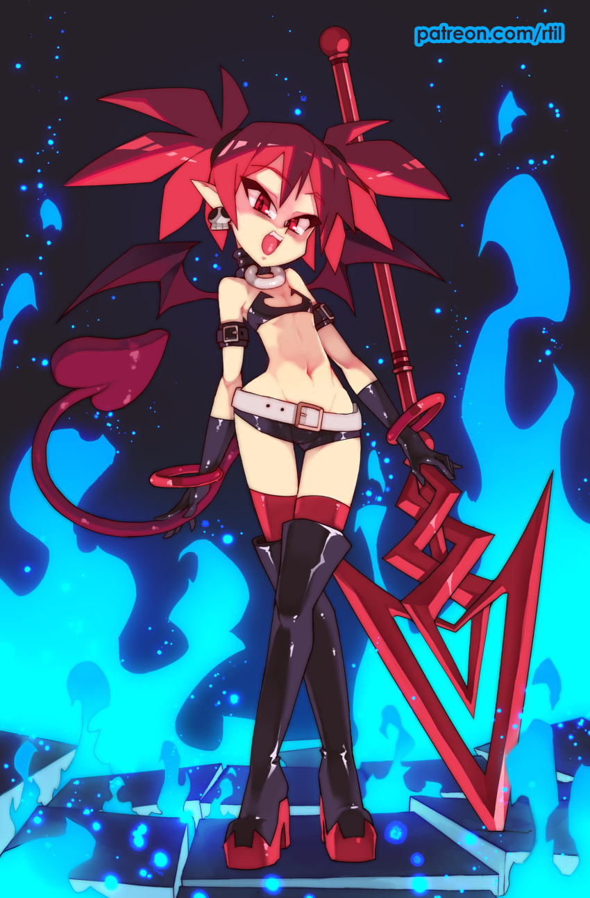 5_fingers absurd_res alternate_version_at_source bangle belt belt_buckle black_background black_boots black_thigh_boots blue_fire boots bottomwear breasts buckle butt_from_the_front clothed clothing colored_fire demon disgaea ear_piercing etna_(disgaea) eyebrow_through_hair eyebrows eyelashes_visible_through_hair female fingers fire footwear glistening glistening_clothing glistening_hair gloves hair handwear hi_res high_heeled_boots hotpants humanoid humanoid_pointy_ears jewelry legwear long_hair looking_at_viewer melee_weapon midriff not_furry o-ring o-ring_collar open_mouth piercing polearm pupils red_eyebrows red_eyes red_hair red_tail red_thigh_highs red_wings rtil shorts simple_background skull_earrings slim slit_pupils small_breasts solo spade_tail spear standing teeth text thigh_boots thigh_gap thigh_highs tied_hair tongue translucent translucent_hair url video_games weapon wide_hips winged_humanoid wings