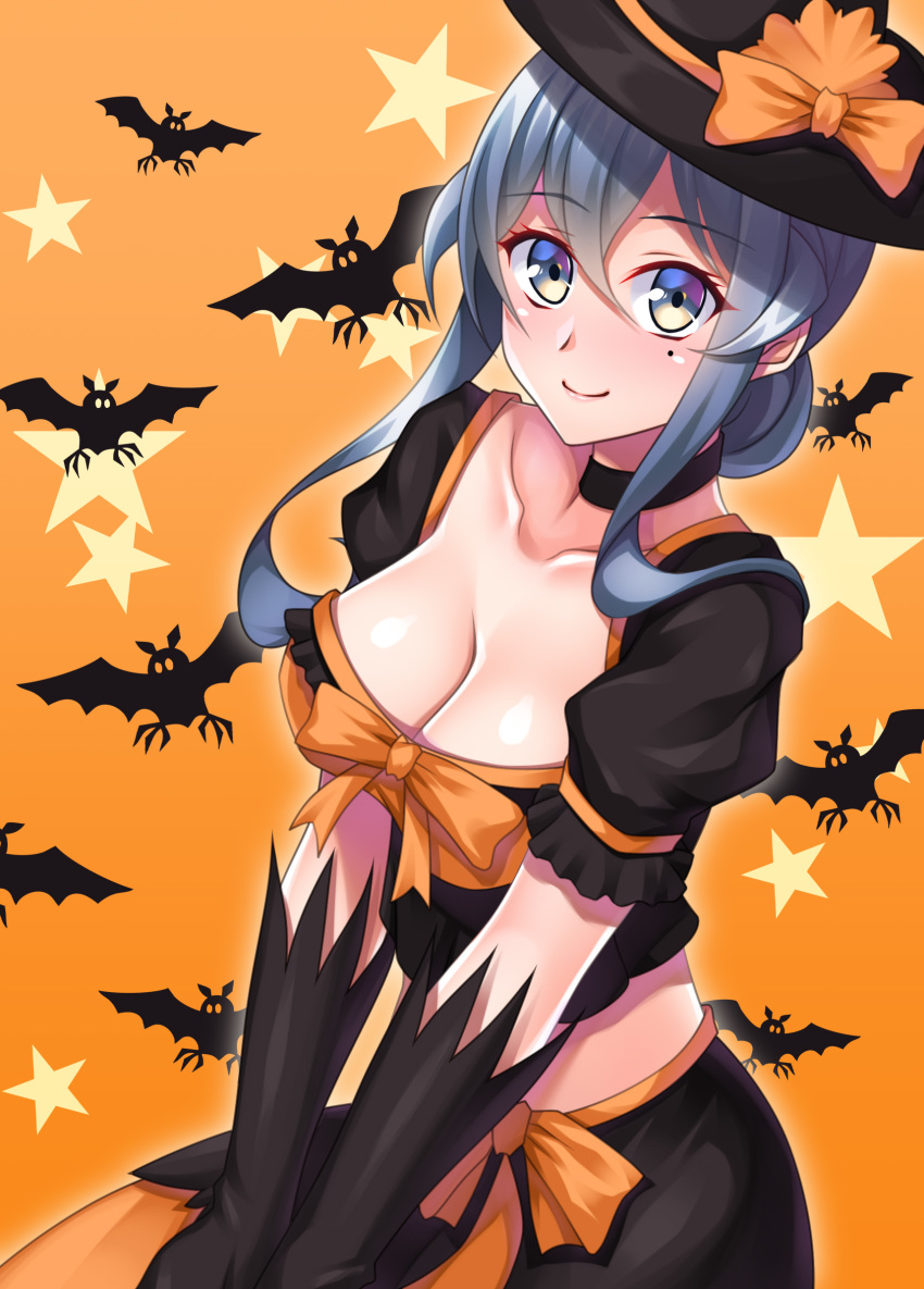 1girl bangs bat_background black_choker black_gloves black_headwear black_skirt blue_eyes blue_hair breasts choker cleavage commentary_request eyebrows_visible_through_hair gloves gotland_(kantai_collection) halloween hat highres kantai_collection large_breasts looking_at_viewer midriff mole mole_under_eye multicolored orange_background ruin_re_birth skirt solo starry_background witch_hat yellow_eyes