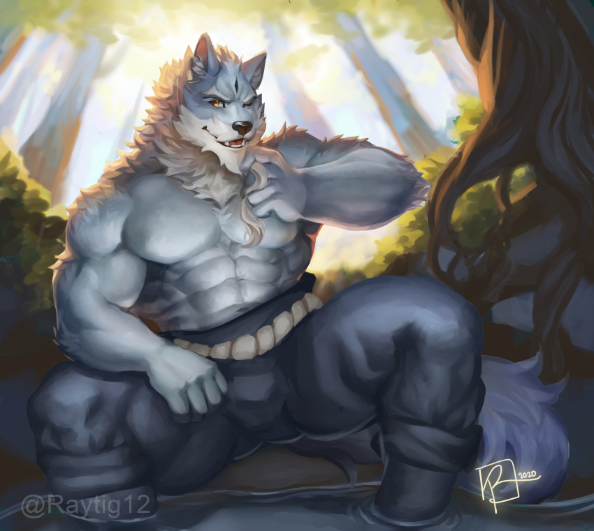 2020 5_fingers abs absurd_res anthro biceps black_nose bottomwear canid canine canis clothed clothing day detailed_background fingers forest fur grey_body grey_fur hi_res humanoid_hands law_(sdorica_sunset) male mammal multicolored_body multicolored_fur muscular muscular_anthro muscular_male navel one_eye_closed outside pecs raytig12 sdorica sdorica_sunset signature solo topless tree two_tone_body two_tone_fur white_body white_fur wolf