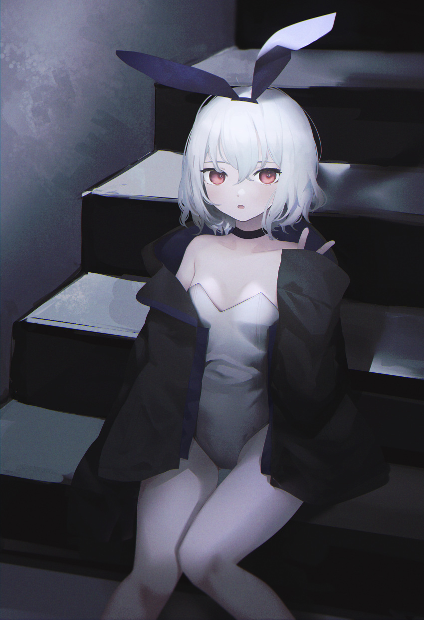 1girl absurdres animal_ears bare_legs bare_shoulders black_choker black_jacket breasts bunny_ears choker dark fake_animal_ears hairband hand_up highres jacket leotard long_sleeves looking_at_viewer migihidari_(puwako) off_shoulder open_clothes open_jacket original parted_lips playboy_bunny red_eyes short_hair sitting small_breasts solo stairs strapless strapless_leotard thighs v white_hair white_leotard