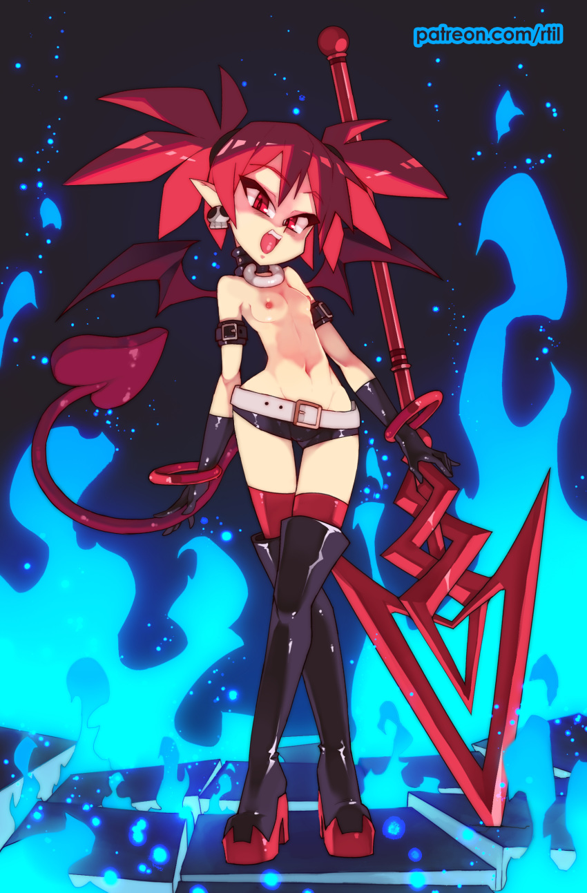 5_fingers absurd_res alternate_version_at_source areola bangle belt belt_buckle black_background black_boots black_thigh_boots blue_fire boots bottomwear breasts buckle butt_from_the_front clothed clothing colored_fire demon disgaea ear_piercing etna_(disgaea) eyebrow_through_hair eyebrows eyelashes_visible_through_hair female fingers fire footwear glistening glistening_body glistening_clothing glistening_hair glistening_skin gloves hair handwear hi_res high_heeled_boots hotpants humanoid humanoid_pointy_ears jewelry legwear long_hair looking_at_viewer melee_weapon nipples not_furry o-ring o-ring_collar open_mouth partially_clothed piercing polearm pupils red_eyebrows red_eyes red_hair red_tail red_thigh_highs red_wings rtil shorts simple_background skull_earrings slim slit_pupils small_breasts solo spade_tail spear standing teeth text thigh_boots thigh_gap thigh_highs tied_hair tongue topless translucent translucent_hair url video_games weapon wide_hips winged_humanoid wings