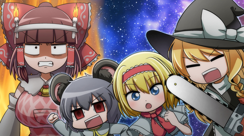 4girls alice_margatroid angry animal_ear_fluff animal_ears apron ascot aura bags_under_eyes bangs black_dress black_eyes blonde_hair blouse blue_dress blue_eyes blunt_bangs blush bow braid breasts brown_hair buttons candle capelet clenched_hand clenched_teeth closed_eyes collared_shirt commentary_request constricted_pupils cookie_(touhou) cowboy_shot detached_sleeves dress empty_eyes eyebrows_visible_through_hair eyes_visible_through_hair fire flame frilled_ascot frilled_bow frilled_capelet frilled_hairband frilled_shirt_collar frills grey_hair grey_vest hair_between_eyes hair_bow hair_tubes hairband hakurei_reimu hashihime hat headband highres holding_chainsaw ichigo_(cookie) kirisame_marisa kusaremix large_breasts layered_clothing lolita_hairband long_hair long_sleeves looking_at_viewer looking_away medium_hair mouse_ears mouse_girl multiple_girls nazrin nontraditional_miko nyon_(cookie) open_mouth pink_apron pink_hairband red_bow red_eyes red_shirt rurima_(cookie) shiny shiny_hair shirt short_hair side_braid sidelocks single_braid sky sleeveless sleeveless_shirt star_(sky) starry_sky suzu_(cookie) teeth touhou upper_body upper_teeth vest waist_apron white_blouse white_bow white_capelet white_shirt white_sleeves witch_hat yellow_neckwear