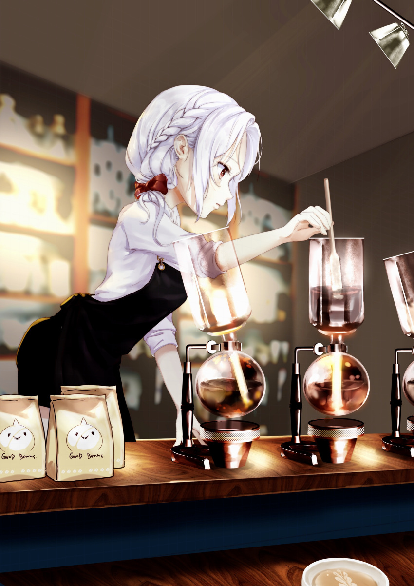 1girl absurdres alternate_costume apron arm_support bag barista boiling bow braid cafe coffee coffee_cup coffee_pot coffee_shop commentary counter cup day disposable_cup eyelashes french_braid from_side galo_(warship_girls_r) hair_bow hair_over_shoulder highres indoors latte_art leaning_forward long_hair n.s.egg parted_lips red_bow red_eyes shelf shirt sidelocks sleeves_pushed_up solo stirring stirring_rod track_lighting vittorio_veneto_(warship_girls_r) warship_girls_r white_hair white_shirt