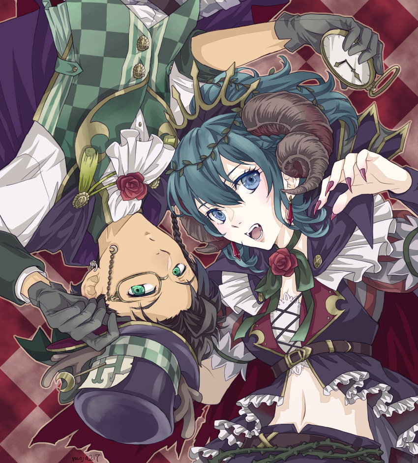1boy 1girl bangs belt black_headwear black_shorts black_vest blue_eyes blue_hair braid breasts brown_belt brown_hair byleth_(fire_emblem) byleth_(fire_emblem)_(female) cape checkered checkered_background checkered_vest claude_von_riegan commentary_request costume_request cravat crop_top curled_horns dark_skin dark_skinned_male earrings eyebrows_visible_through_hair fangs fingernails fire_emblem fire_emblem:_three_houses flower gloves green_eyes green_neckwear green_vest grey_gloves hair_between_eyes hair_ornament halloween halloween_costume hat highres holding holding_clothes holding_hat holding_pocket_watch horns ichii_k jewelry long_fingernails long_hair looking_at_viewer lower_teeth medium_breasts midriff mismatched_sleeves monocle navel neck_ribbon open_mouth pocket_watch puffy_short_sleeves puffy_sleeves purple_cape red_cape red_flower red_nails red_rose ribbon rose shirt short_hair short_sleeves shorts sidelocks thorns top_hat twitter_username underbust upper_body upper_teeth vest watch white_shirt