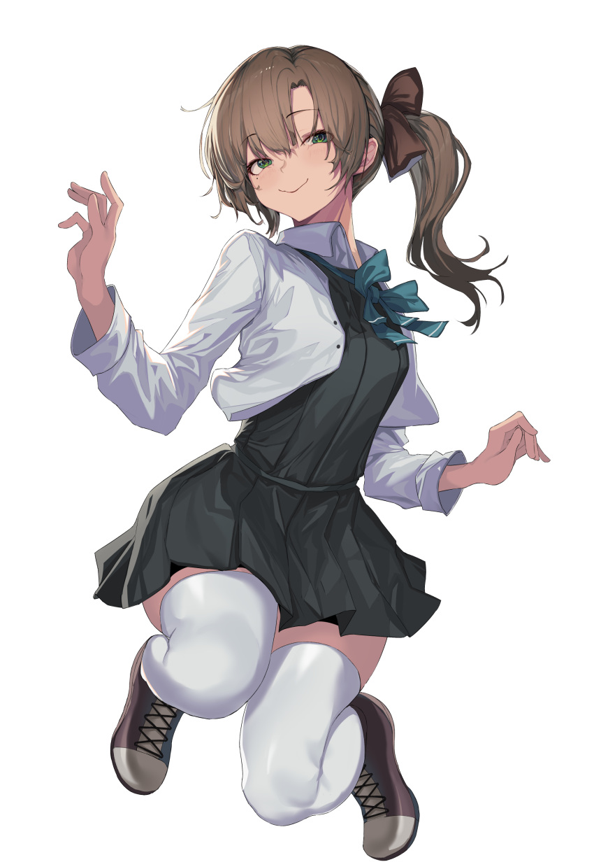 1girl absurdres akigumo_(kantai_collection) aqua_bow aqua_neckwear black_dress blush bow bowtie brown_hair closed_mouth dress eyebrows_visible_through_hair full_body green_eyes hair_between_eyes highres kantai_collection long_hair long_sleeves mole mole_under_eye oweee pleated_dress ponytail remodel_(kantai_collection) simple_background smile solo thighhighs white_background white_legwear