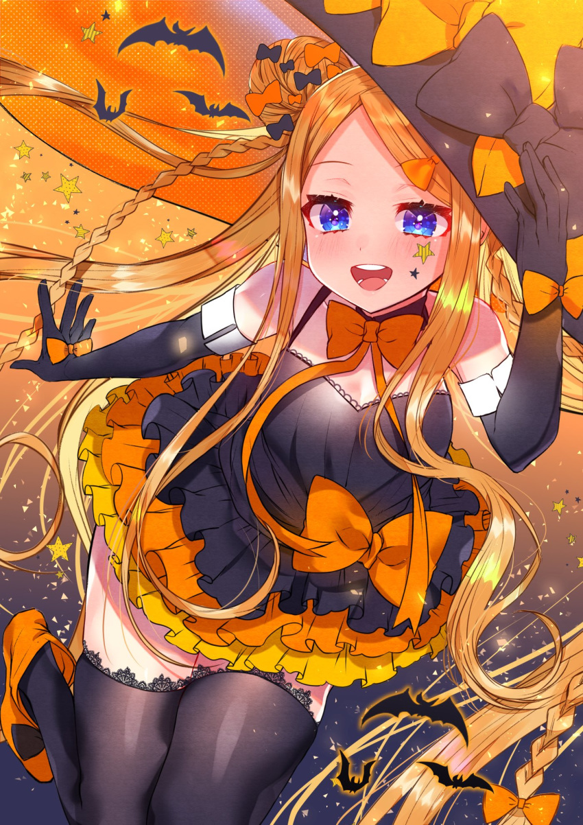 1girl abigail_williams_(fate/grand_order) akirannu bangs bat black_bow black_dress black_gloves black_headwear black_legwear blonde_hair blue_eyes blush bow braid breasts double_bun dress elbow_gloves fate/grand_order fate_(series) forehead gloves hair_bow halloween_costume hat highres long_hair looking_at_viewer multiple_bows orange_bow orange_skirt parted_bangs polka_dot polka_dot_bow sidelocks skirt small_breasts star_(symbol) thighhighs very_long_hair witch_hat