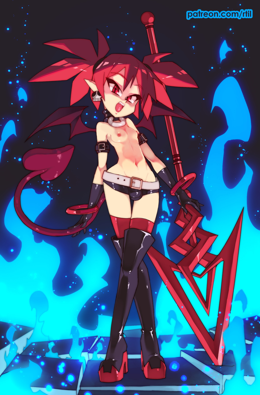 5_fingers absurd_res alternate_version_at_source areola bangle belt belt_buckle black_background black_boots black_thigh_boots blue_fire boots bottomwear breasts buckle bulge clothed clothing colored_fire demon disgaea ear_piercing etna_(disgaea) eyebrow_through_hair eyebrows eyelashes_visible_through_hair fingers fire footwear glistening glistening_body glistening_clothing glistening_hair glistening_skin gloves gynomorph hair handwear hi_res high_heeled_boots hotpants humanoid humanoid_pointy_ears intersex jewelry legwear long_hair looking_at_viewer melee_weapon nipples not_furry o-ring o-ring_collar open_mouth partially_clothed piercing polearm pupils red_eyebrows red_eyes red_hair red_tail red_thigh_highs red_wings rtil shorts simple_background skull_earrings slim slit_pupils small_breasts solo spade_tail spear standing teeth text thigh_boots thigh_gap thigh_highs tied_hair tongue topless translucent translucent_hair url video_games weapon wide_hips winged_humanoid wings