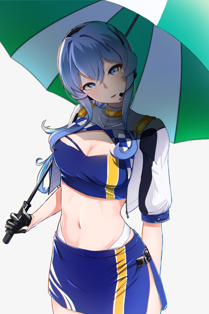 1girl black_gloves blue_eyes blue_hair blush breasts cleavage cleavage_cutout clothing_cutout commentary_request crop_top cropped_jacket eyebrows_visible_through_hair gloves gotland_(kantai_collection) hair_between_eyes half_gloves highres holding holding_umbrella kantai_collection kasoku_souchi large_breasts long_hair looking_at_viewer midriff mole mole_under_eye navel race_queen simple_background skirt smile solo umbrella white_background