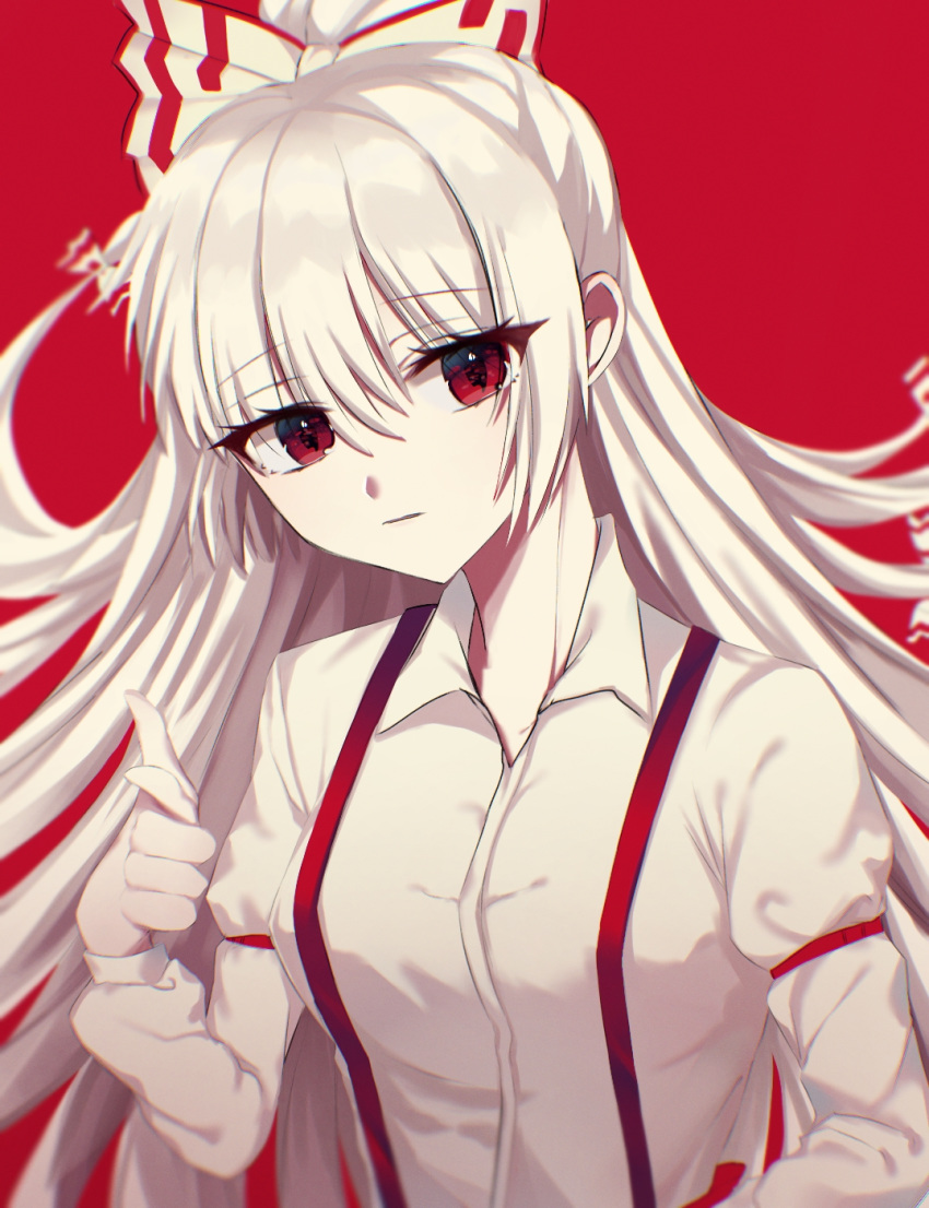 1girl bangs bow breasts closed_mouth collared_shirt eyebrows_visible_through_hair fujiwara_no_mokou hair_between_eyes hair_bow highres kitty long_hair long_sleeves looking_at_viewer pointing pointing_at_viewer red_armband red_background red_eyes shirt simple_background solo suspenders touhou upper_body white_hair white_shirt