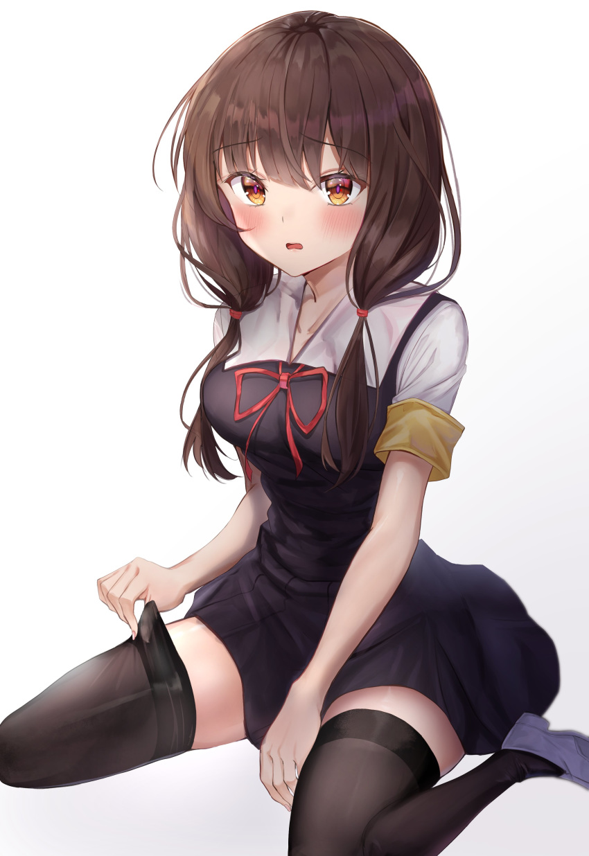 1girl absurdres black_legwear blush breasts brown_eyes brown_hair highres iino_miko kaguya-sama_wa_kokurasetai_~tensai-tachi_no_renai_zunousen~ medium_breasts neck_ribbon red_ribbon ribbon shuuchiin_academy_uniform sitting solo thighhighs thighhighs_pull toratora_(nanahaba) wariza white_background