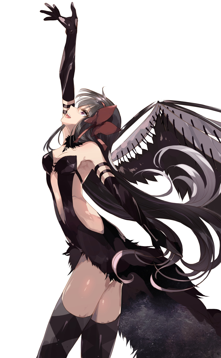 1girl absurdres akemi_homura akuma_homura black_gloves black_hair bow dress elbow_gloves feathered_wings gloves hair_bow highres long_hair mahou_shoujo_madoka_magica mahou_shoujo_madoka_magica_movie misteor open_mouth purple_eyes ribbon smile solo wings