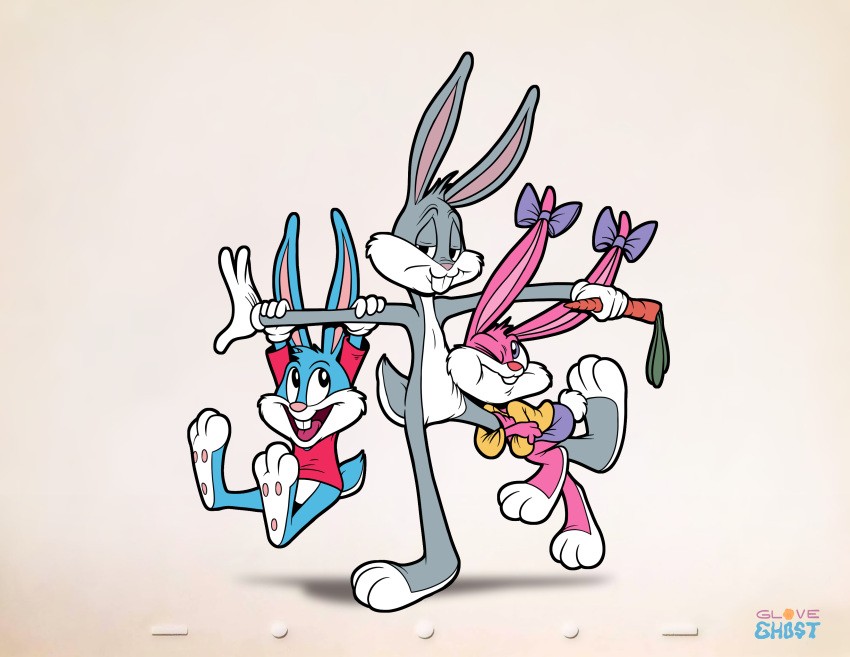 absurd_res anthro babs_bunny blue_body blue_fur buckteeth bugs_bunny buster_bunny carrot clothed clothing digital_media_(artwork) female food fur gloveghost gloves grabbing_arm grey_body grey_fur group handwear hi_res hugging_legs lagomorph leporid looney_tunes male mammal multicolored_body multicolored_fur open_mouth pink_body pink_fur pink_nose plant rabbit ribbons simple_background teeth tiny_toon_adventures two_tone_body two_tone_fur vegetable warner_brothers young