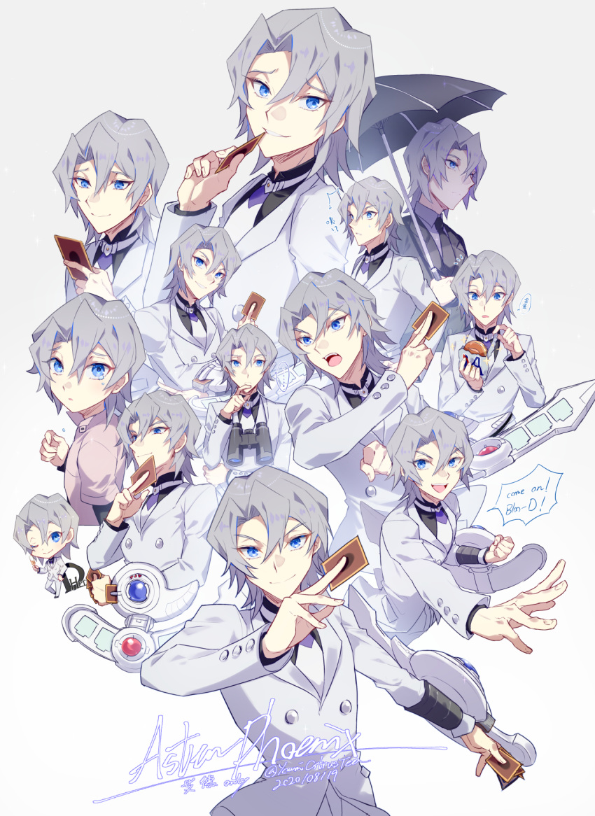 ... 1boy binoculars black_neckwear black_suit black_umbrella blue_eyes card character_name clenched_hand closed_mouth crying cup dated drinking_glass duel_disk eating edo_phoenix eyebrows_visible_through_hair fingernails food formal grey_background grey_hair hair_between_eyes highres holding holding_card holding_cup holding_food holding_umbrella male_focus multiple_views necktie one_eye_closed open_mouth parted_lips simple_background smile solo sparkle speech_bubble suit tears teeth twitter_username umbrella upper_teeth white_suit wine_glass youmicitrustea yu-gi-oh! yu-gi-oh!_gx