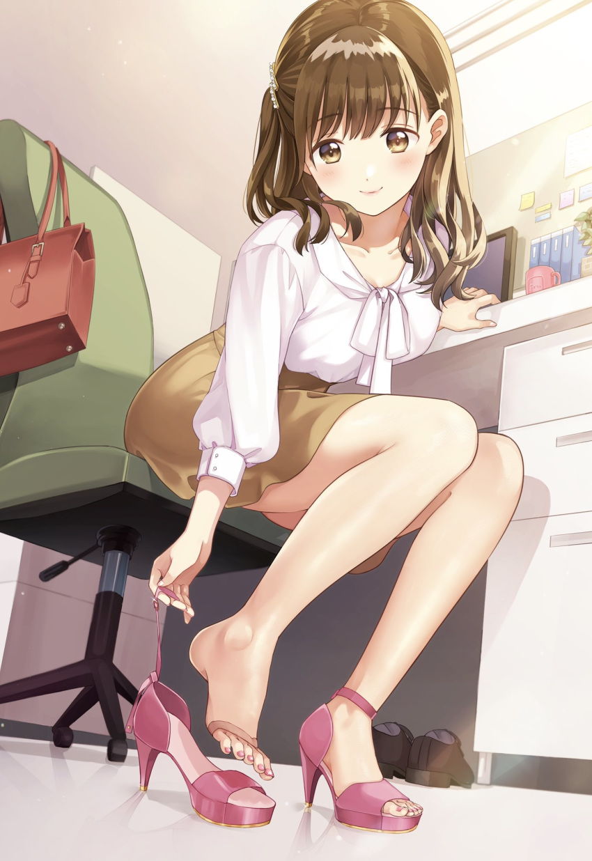 1girl bag blouse blush brown_eyes brown_hair chair collarbone desk eyebrows_visible_through_hair feet full_body hair_ornament handbag high_heels highres indoors legs loafers long_hair matsuzaki_miyuki monitor office_lady one_side_up original pantyhose sheer_legwear shoes sitting skirt smile solo tights_day