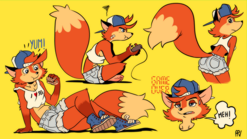 &lt;3 16:9 absurd_res anthro backwards_baseball_cap band-aid bandage baseball_cap blush bottomwear burger butt butt_focus canid canine clothing controller crop_top dialogue english_text female food fox fox-pop game_controller hat headgear headwear hi_res mammal midriff shirt shorts solo text topwear widescreen