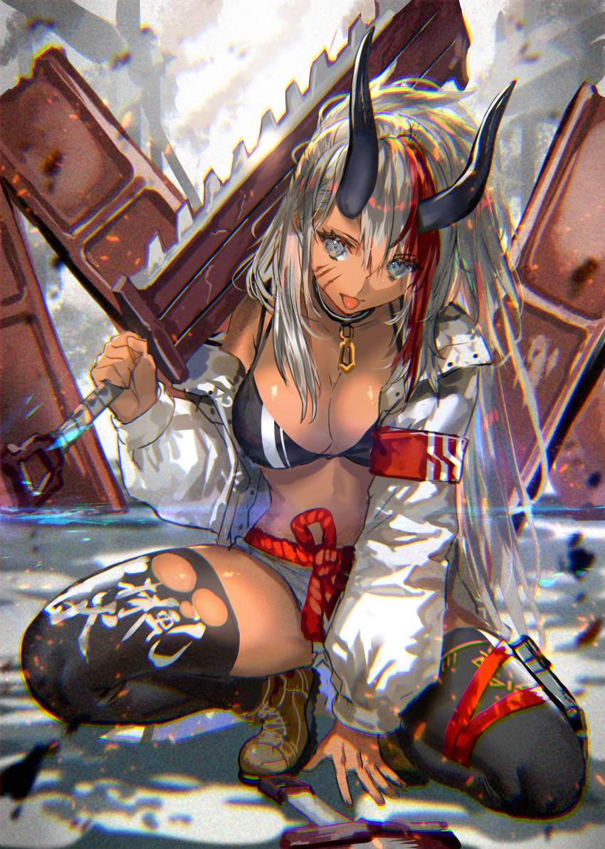 1girl bare_shoulders bikini bikini_top black_horns breasts chromatic_aberration collar dark_skin denim denim_shorts dog_collar embers eyes_visible_through_hair facial_scar full_body grey_eyes grey_hair hair_between_eyes hand_up highres holding holding_sword holding_weapon horns jacket long_hair long_sleeves looking_at_viewer medium_breasts micro_shorts multicolored_hair off_shoulder oni open_clothes open_jacket original over_shoulder ran'ou_(tamago_no_kimi) red_hair rope rope_belt scar scar_on_cheek shoes shorts skindentation solo spread_legs squatting swimsuit sword thighhighs tiptoes tongue tongue_out torn_clothes torn_legwear two-tone_hair very_long_hair weapon weapon_over_shoulder