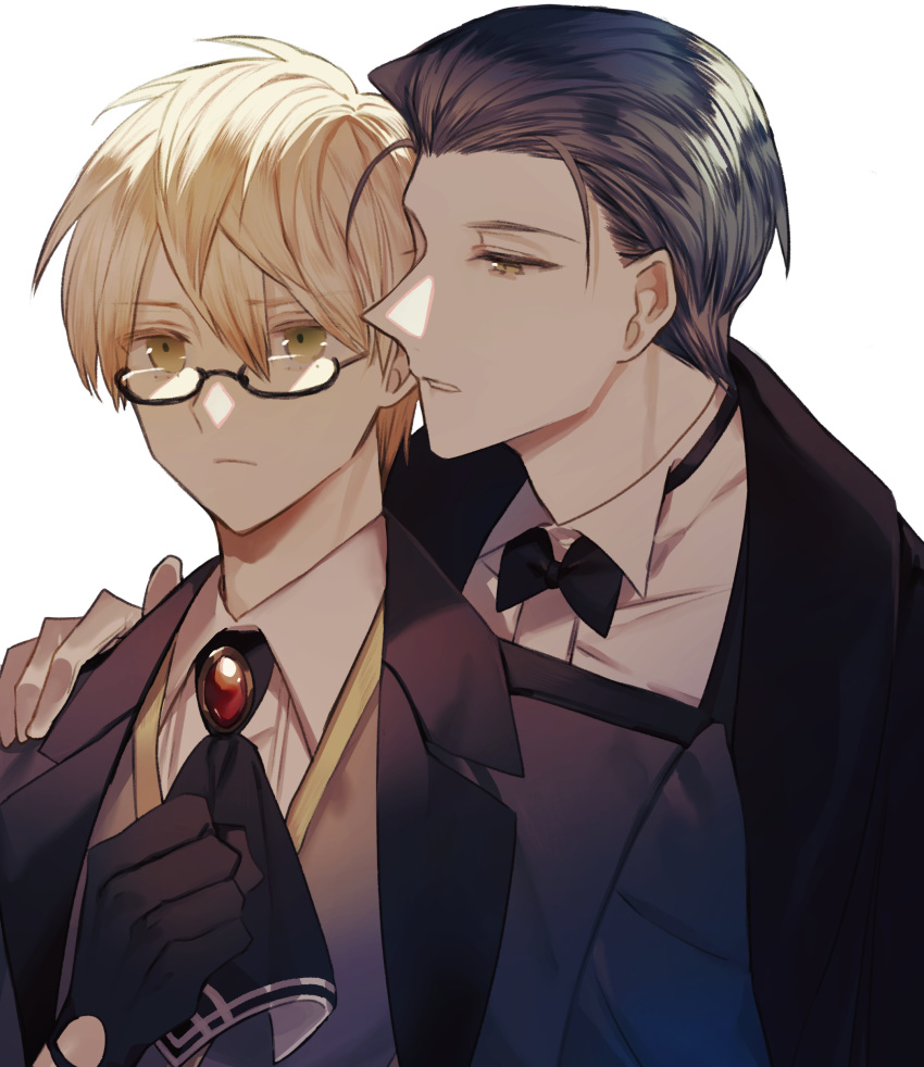 2boys absurdres albino_(a1b1n0623) arm_up bangs black_hair black_sleeves blonde_hair coat collar expressionless fate/grand_order fate/prototype fate/prototype:_fragments_of_blue_and_silver fate_(series) formal gem glasses gloves gradient_hair green_eyes hand_on_another's_shoulder highres jekyll_and_hyde_(fate) long_sleeves looking_at_viewer male_focus multicolored_hair multiple_boys necktie open_mouth pointy_nose semi-rimless_eyewear sherlock_holmes_(fate/grand_order) shirt short_hair suit whispering white_background white_shirt