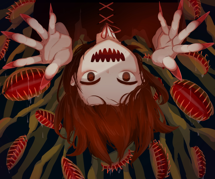 1girl :d absurdres avogado6 carnivorous_plant dress drooling fingernails highres long_fingernails long_sleeves looking_at_viewer nail_polish neck_ribbon open_mouth original reaching_out red_dress red_eyes red_hair red_nails red_neckwear red_ribbon ribbon sharp_fingernails sharp_teeth smile solo teeth upside-down
