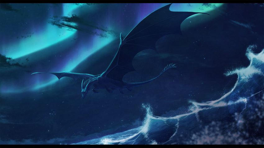16:9 2020 ambiguous_gender blakc_bars claws detailed_background digital_media_(artwork) dragon feral hi_res horn membrane_(anatomy) membranous_wings night outside scales scalie sinistereternity sky solo spines star starry_sky water western_dragon widescreen wings