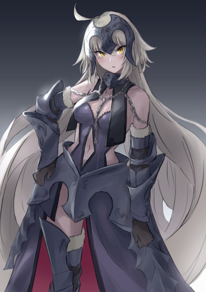 1girl absurdres ahoge black_gloves blue_legwear breasts chain chikoku_no_oni cleavage clothing_cutout elbow_gloves fate/grand_order fate_(series) faulds floating_hair fur-trimmed_gloves fur-trimmed_legwear fur_trim gloves hand_on_hilt headpiece highres jeanne_d'arc_(alter)_(fate) jeanne_d'arc_(fate)_(all) long_hair looking_at_viewer medium_breasts midriff navel shiny shiny_skin silver_hair solo standing stomach stomach_cutout thighhighs very_long_hair