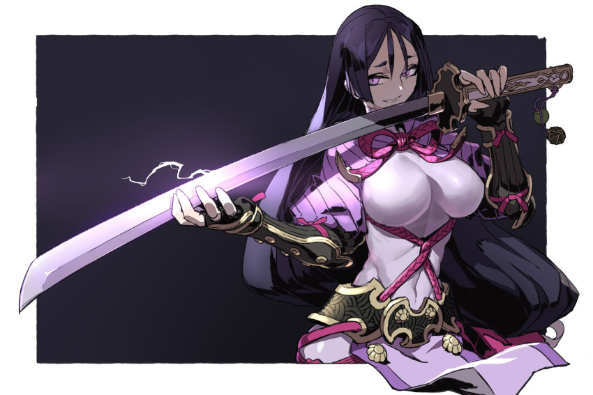1girl black_gloves blue_pupils covered_navel fate/grand_order fate_(series) fingerless_gloves gloves hair_between_eyes highres holding holding_sword holding_weapon impossible_clothes katana lamian_(pixiv415608) long_hair minamoto_no_raikou_(fate/grand_order) parted_lips pink_neckwear purple_eyes purple_hair shiny smile solo sword vambraces very_long_hair weapon