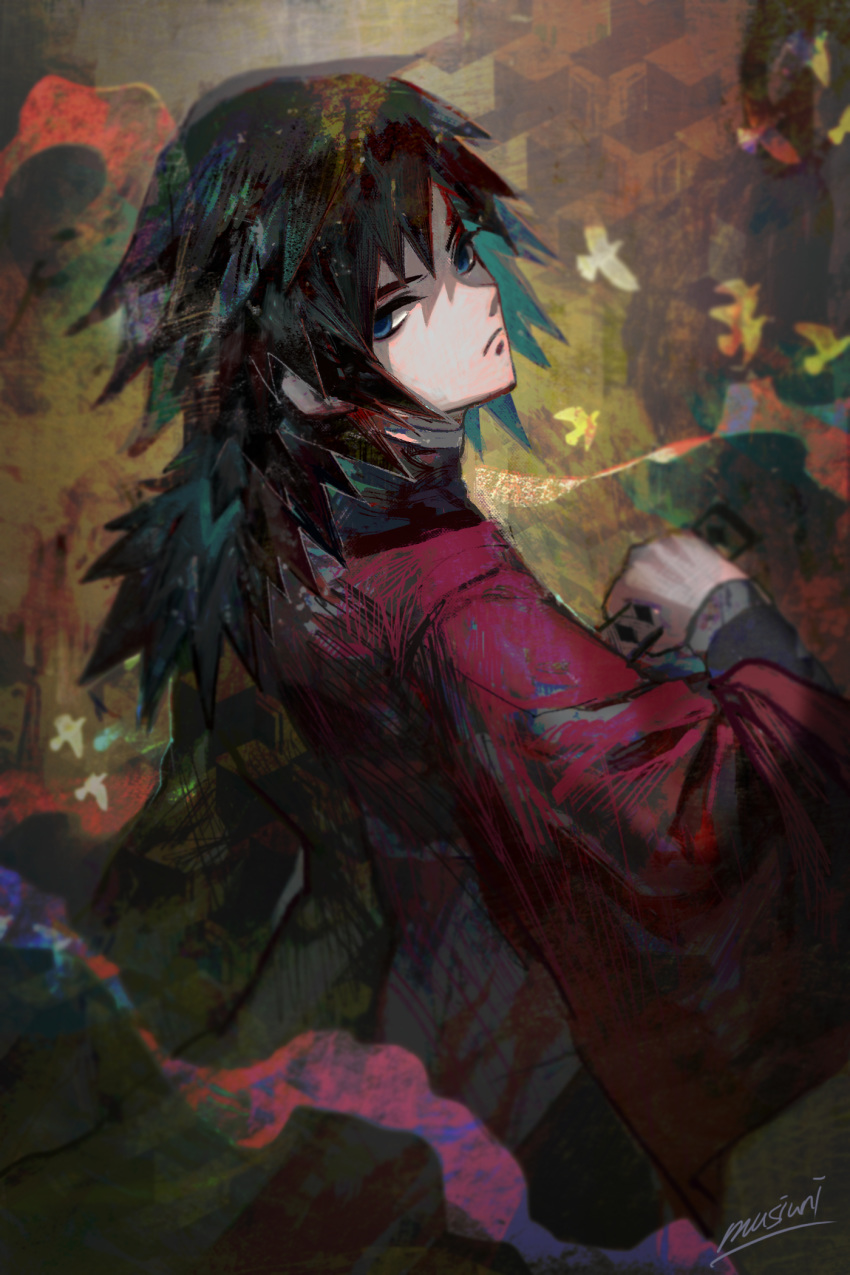 1boy bangs black_hair black_jacket blue_eyes closed_mouth frown hair_between_eyes haori highres holding holding_sword holding_weapon jacket japanese_clothes kimetsu_no_yaiba long_hair long_sleeves male_focus matcho signature solo spiked_hair sword tomioka_giyuu weapon