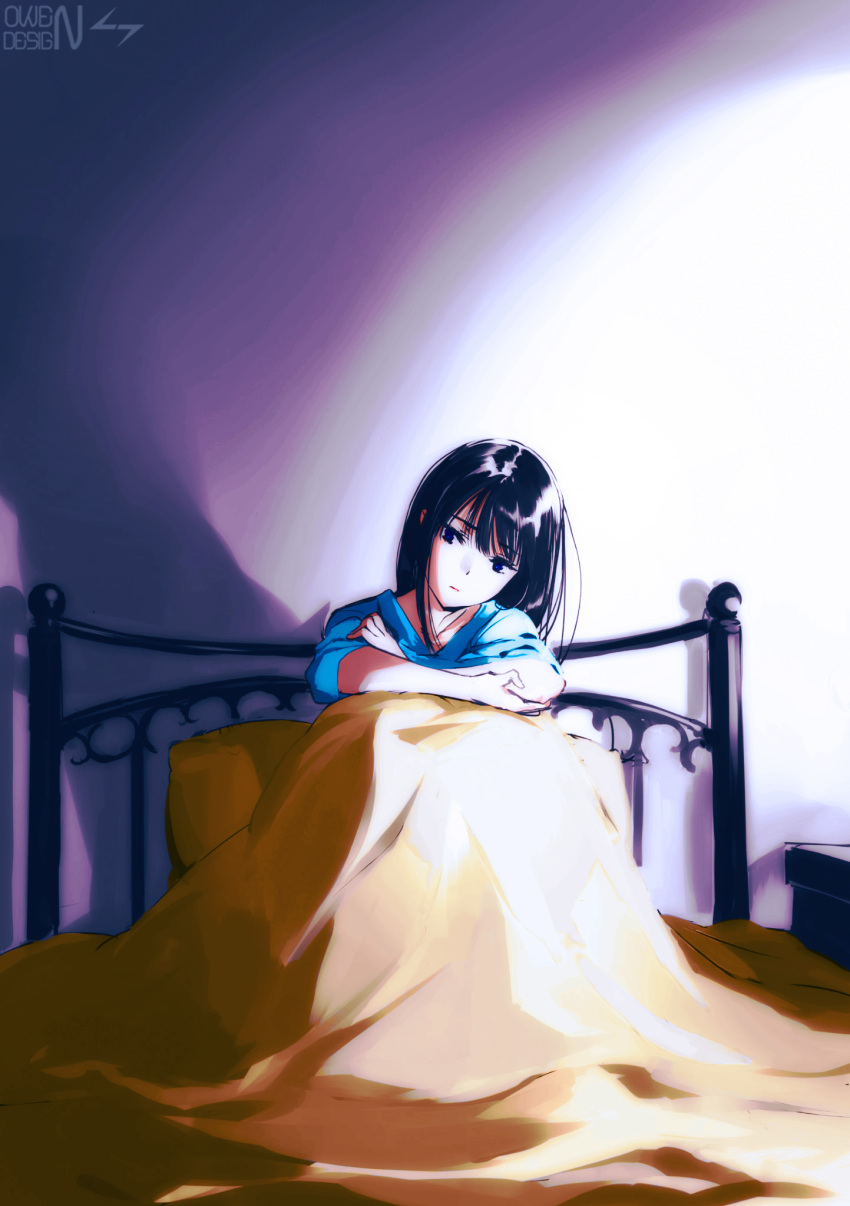 1girl bed black_eyes black_hair blanket blue_eyes closed_mouth highres indoors long_hair mahouka_koukou_no_rettousei nightstand owendss98 pillow shiba_miyuki signature sitting sleeves_rolled_up solo