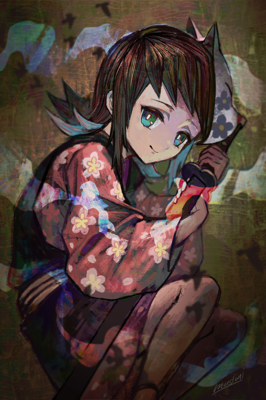 1girl blue_eyes brown_hair closed_mouth floral_print fox_mask from_side highres japanese_clothes kimetsu_no_yaiba kimono long_sleeves looking_at_viewer makomo_(kimetsu) mask mask_on_head matcho pink_kimono print_kimono short_hair short_kimono signature smile solo
