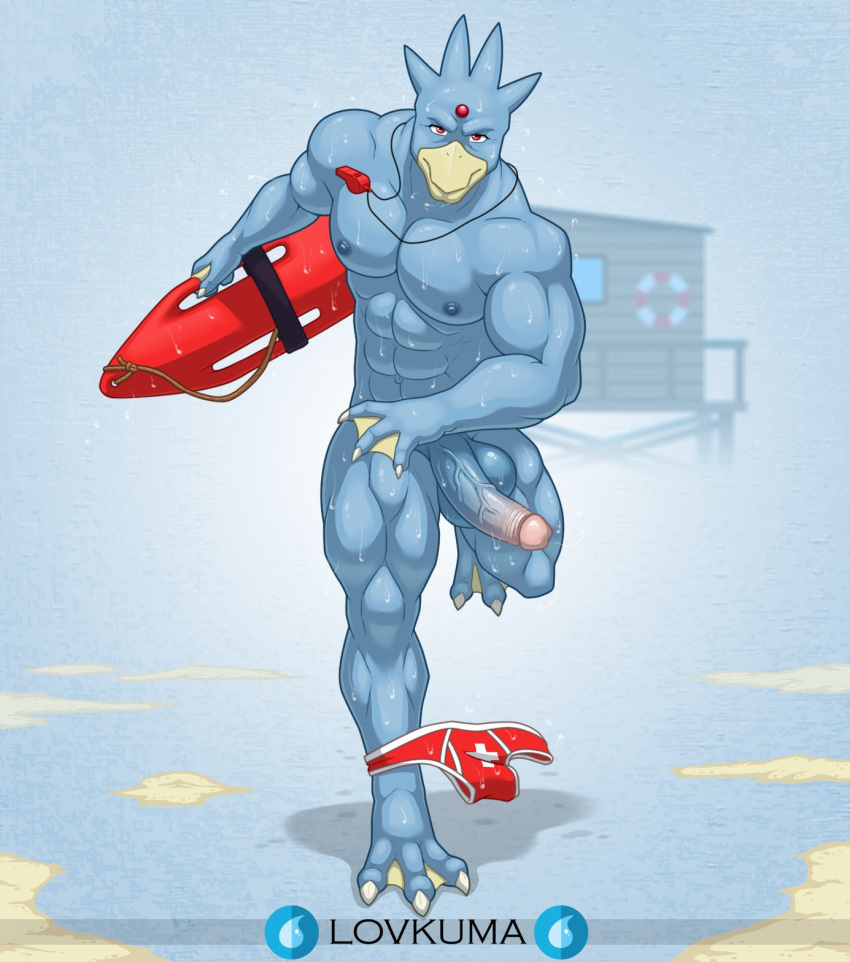 3_toes abs anthro anthrofied balls beak blue_balls blue_body blue_nipples claws clothing forehead_gem genitals golduck hi_res holding_object humanoid_genitalia humanoid_penis lifeguard_tower lovkuma male membrane_(anatomy) muscular muscular_anthro muscular_male nintendo nipples pecs penis pok&eacute;mon pok&eacute;mon_(species) pok&eacute;morph red_clothing red_eyes red_underwear rescue_buoy running sand solo toe_claws toes underwear underwear_around_one_leg vein veiny_penis video_games webbed_feet webbed_hands wet whistle_(object)