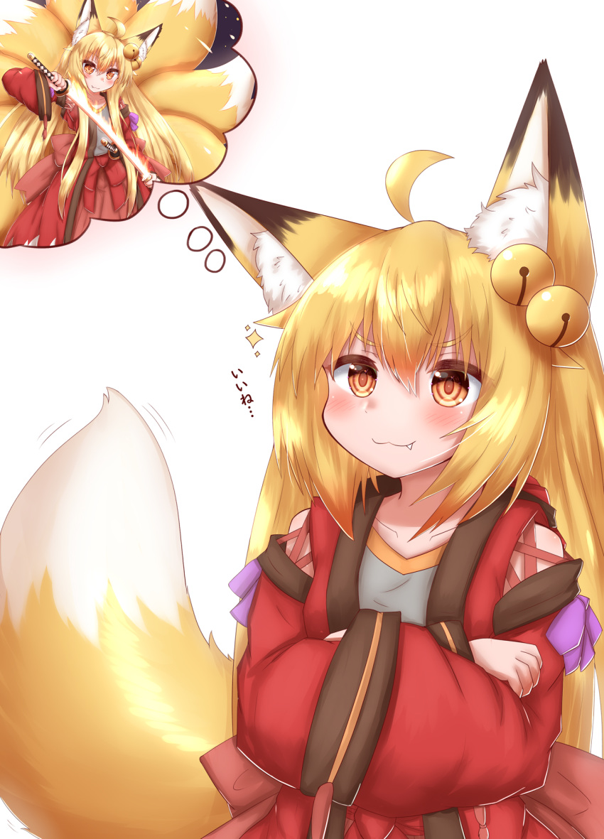 2020 5_fingers accessory ahoge animal_humanoid asian_clothing bell blonde_hair blush breasts brown_body brown_fur canid canid_humanoid canine canine_humanoid clothed clothing crossed_arms cute_fangs dipstick_ears dipstick_tail east_asian_clothing female fingers fluffy fluffy_tail fox_humanoid fur glistening glistening_hair hair hair_accessory hakama half-length_portrait hi_res holding_object horokusa0519 humanoid inner_ear_fluff japanese_clothing japanese_text jingle_bell katana long_hair looking_at_viewer mammal mammal_humanoid melee_weapon multi_tail multicolored_ears multicolored_tail portrait pupils red_clothing simple_background slit_pupils small_breasts solo sword text thought_bubble translation_request tuft weapon white_background white_body white_fur yellow_body yellow_eyes yellow_fur