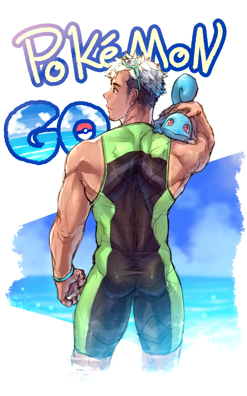 1boy absurdres ass bodysuit closed_mouth commentary_request copyright_name facial_hair from_behind gen_1_pokemon highres holding holding_poke_ball looking_to_the_side male_focus multicolored_hair on_shoulder poke_ball poke_ball_(basic) pokemon pokemon_(creature) pokemon_(game) pokemon_go pokemon_on_shoulder simple_background sketch skin_tight squirtle tokonatu two-tone_hair undercut white_background white_hair willow_(pokemon)