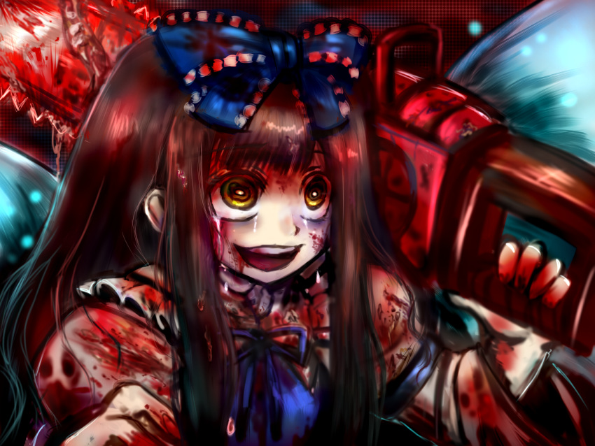 1girl bangs blood blood_on_face bloody_clothes bloody_hair bloody_hands bloody_weapon blouse blue_bow blue_dress blue_neckwear blue_ribbon blunt_bangs bow brown_hair bruise bruised_eye chainsaw collar commentary_request crazy crazy_eyes crazy_smile crying crying_with_eyes_open dress eyebrows_visible_through_hair eyes_visible_through_hair fairy fairy_wings frilled_collar frills guro hair_between_eyes hair_bow holding holding_chainsaw injury intestines long_hair long_sleeves looking_away open_mouth ribbon sidelocks solo spiral_eyes star_sapphire tears touhou upper_body weapon white_blouse wings yamimunemitsu yellow_eyes