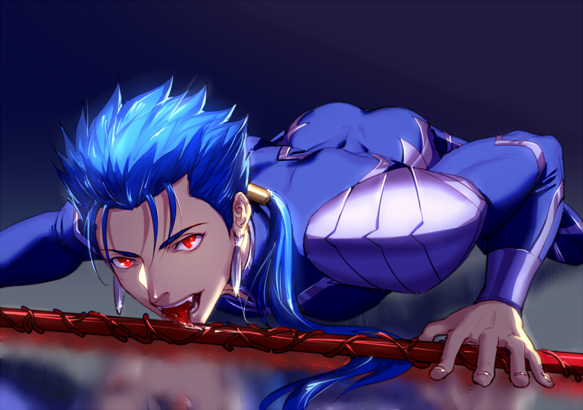 1boy all_fours armor ass beads blue_hair bodysuit cu_chulainn_(fate)_(all) earrings eilinna fangs fate/stay_night fate_(series) gae_bolg hair_beads hair_ornament jewelry lancer licking licking_weapon long_hair male_focus open_mouth pauldrons polearm ponytail red_eyes reflection saliva shoulder_armor skin_tight slit_pupils solo sparkle spiked_hair tongue tongue_out type-moon weapon