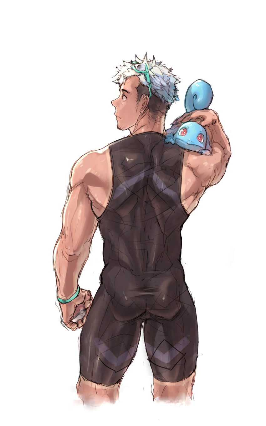 1boy absurdres ass bodysuit closed_mouth commentary_request facial_hair from_behind gen_1_pokemon highres holding holding_poke_ball looking_to_the_side male_focus multicolored_hair on_shoulder poke_ball poke_ball_(basic) pokemon pokemon_(creature) pokemon_(game) pokemon_go pokemon_on_shoulder simple_background sketch skin_tight squirtle tokonatu two-tone_hair undercut white_background white_hair willow_(pokemon)