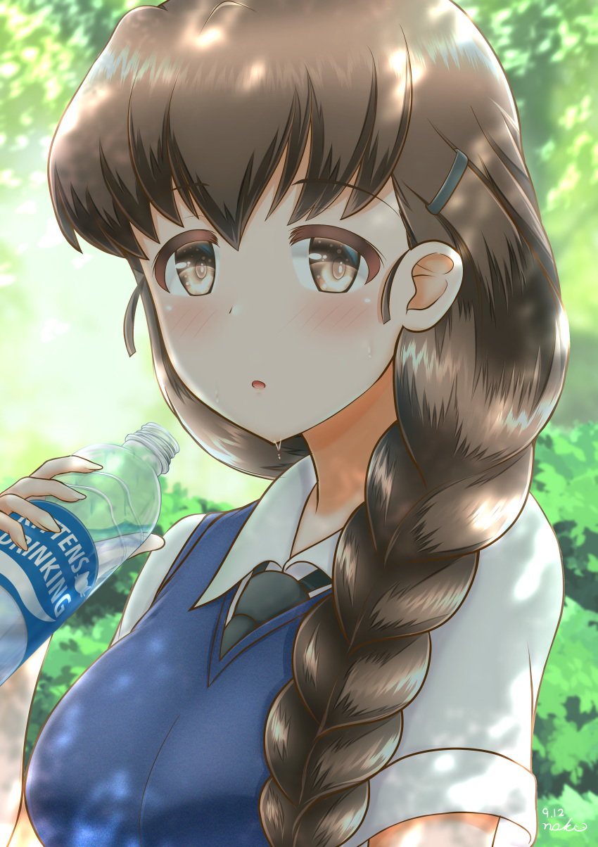 1girl :o absurdres artist_name bangs black_neckwear blue_sweater blurry blurry_background blush bottle braid brown_eyes brown_hair commentary dappled_sunlight dated day depth_of_field dress_shirt english_text eyebrows_visible_through_hair girls_und_panzer hair_ornament hair_over_shoulder hairclip highres holding holding_bottle huge_filesize io-catalyst long_hair looking_at_viewer necktie outdoors parted_lips rukuriri_(girls_und_panzer) school_uniform shirt short_sleeves signature single_braid solo st._gloriana's_school_uniform summer_uniform sunlight sweater sweater_vest upper_body v-neck water_bottle white_shirt wing_collar