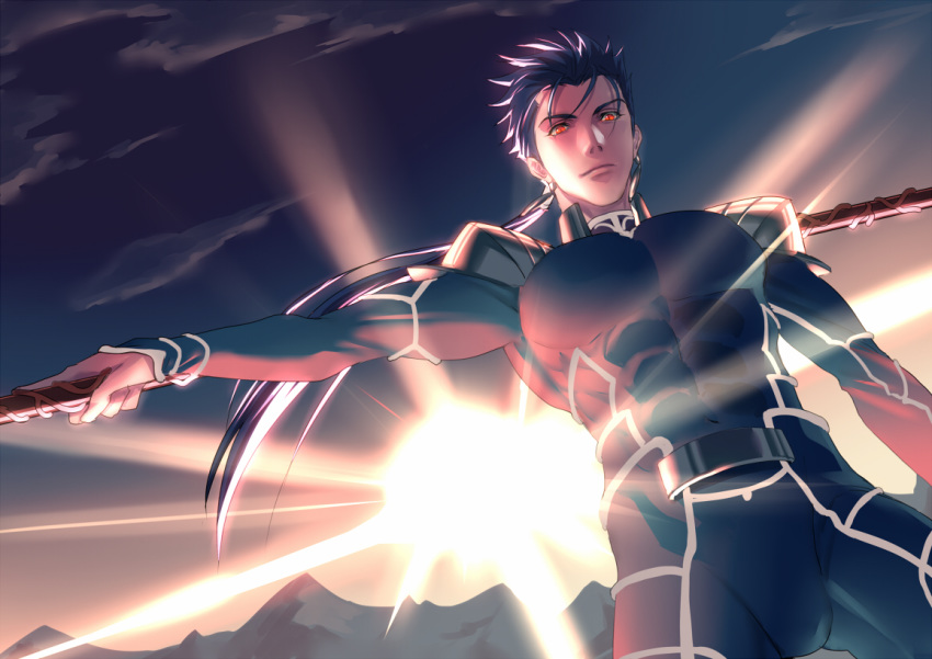 1boy abs arm_up armor blue_hair bodysuit bulge closed_mouth cloud cowboy_shot cu_chulainn_(fate)_(all) day earrings eilinna fate/stay_night fate_(series) gae_bolg holding holding_weapon jewelry lancer long_hair looking_at_viewer male_focus mountain muscle outdoors pauldrons pectorals polearm ponytail red_eyes shoulder_armor skin_tight sky slit_pupils solo spiked_hair sun sunlight sunrise type-moon weapon