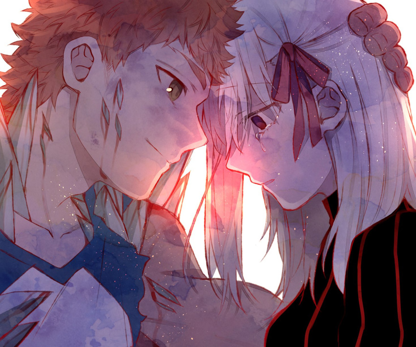 1boy 1girl blood blood_on_face creat dark_sakura emiya_shirou face fate/stay_night fate_(series) forehead-to-forehead hair_ribbon hand_on_another's_head heaven's_feel highres matou_sakura orange_hair red_eyes ribbon smile sword tears torn_clothes weapon white_hair yellow_eyes