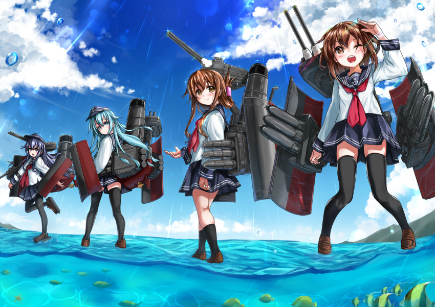 4girls akatsuki_(kantai_collection) anchor_symbol black_legwear black_sailor_collar blue_eyes blue_hair blue_skirt blue_sky brown_eyes brown_footwear brown_hair cannon day fish flat_cap folded_ponytail hair_between_eyes hair_ornament hairclip hat hibiki_(kantai_collection) highres ikazuchi_(kantai_collection) inazuma_(kantai_collection) kantai_collection loafers long_hair long_sleeves multiple_girls neckerchief nukoyarou ocean outdoors pantyhose pleated_skirt purple_eyes purple_hair rain red_neckwear rigging sailor_collar school_uniform serafuku shirt shoes short_hair skirt sky standing standing_on_liquid thighhighs torpedo_tubes turret white_shirt