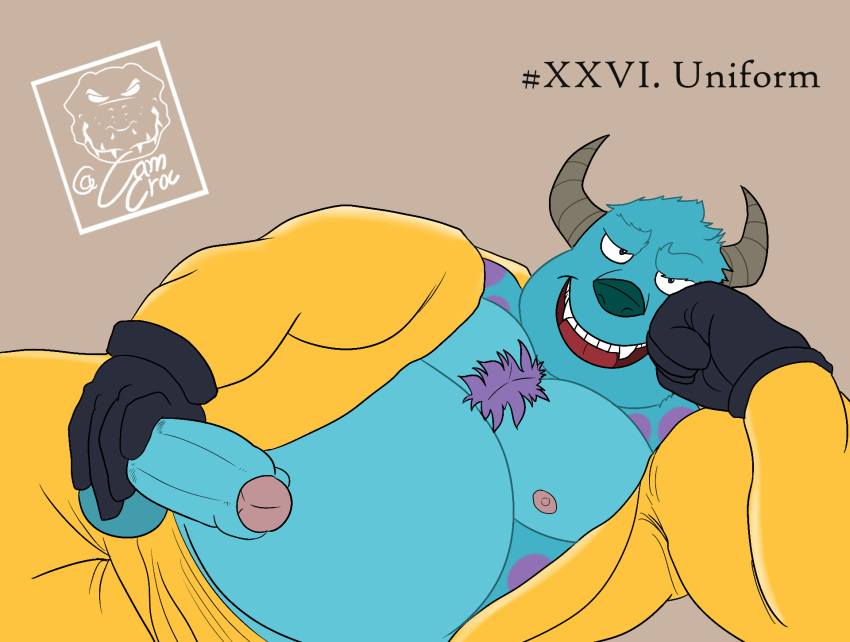 anthro camsan_r_s clothing disney genitals gloves handwear hi_res kinktober_2020 looking_at_viewer male monster monsters_inc overweight overweight_anthro overweight_male penis penis_grab pixar pubes slightly_chubby solo sulley uniform