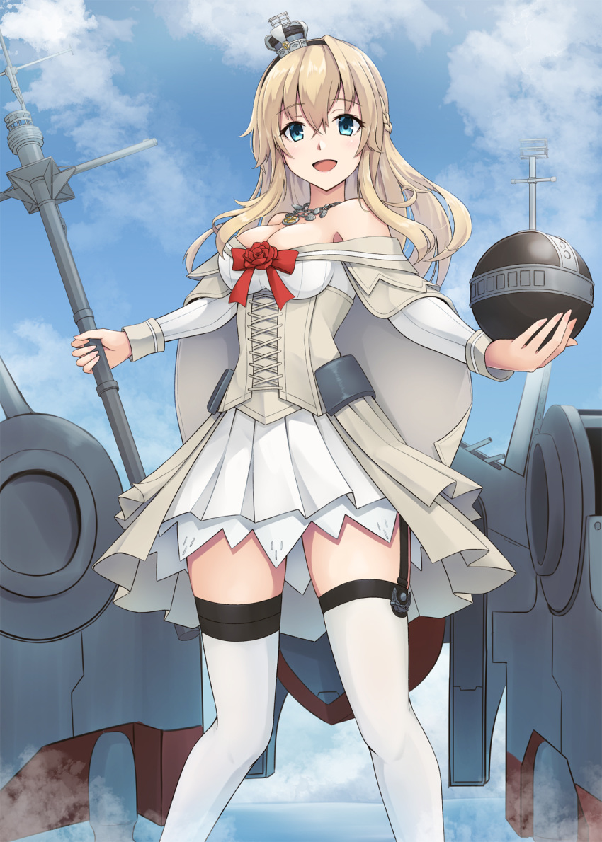 1girl black_hairband blonde_hair blue_eyes blue_sky braid cloud corset crown dress feet_out_of_frame flower french_braid garter_straps globus_cruciger hairband highres kantai_collection kodama_(mmt_uf) long_hair long_sleeves looking_at_viewer machinery mini_crown off-shoulder_dress off_shoulder red_flower red_ribbon red_rose ribbon rose scepter sky smile solo standing thighhighs warspite_(kantai_collection) white_dress white_legwear