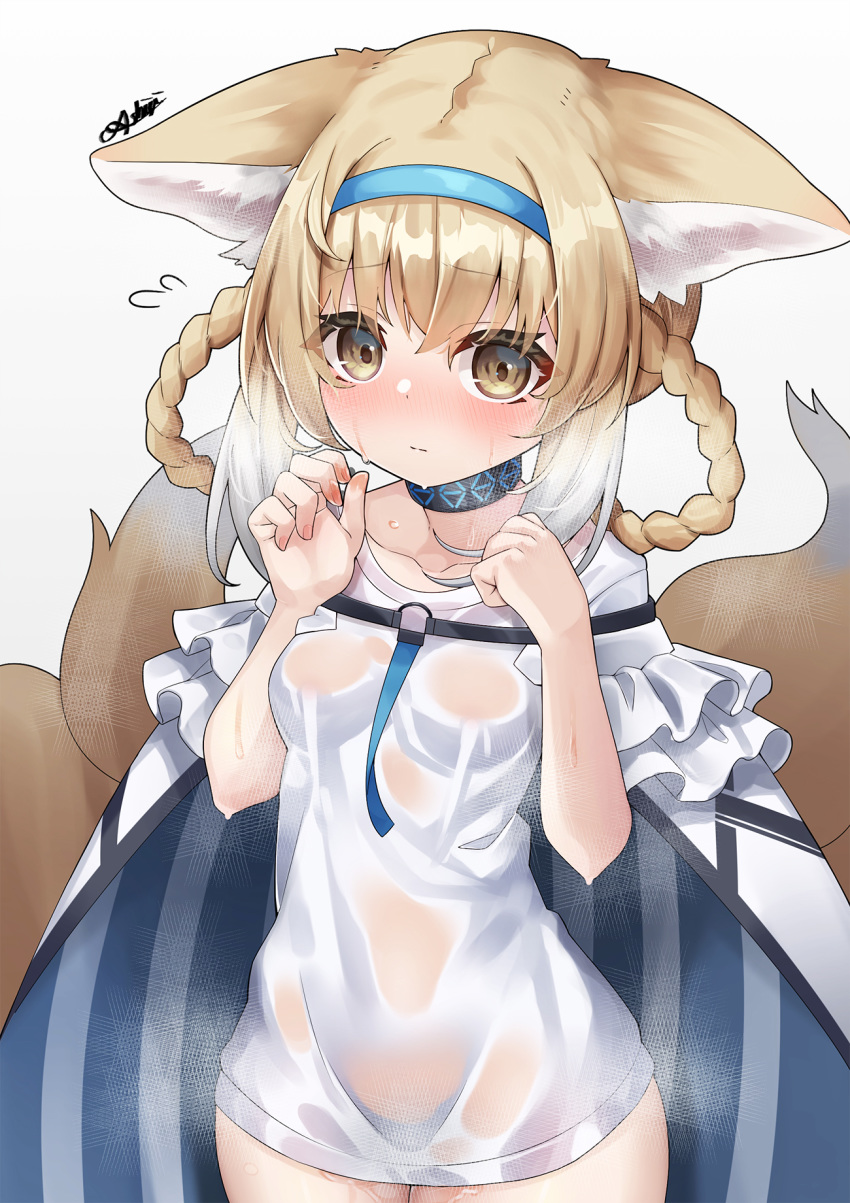 1girl animal_ear_fluff animal_ears arknights ashisi bangs black_collar blue_hairband blush braid breasts brown_eyes closed_mouth collar commentary_request cowboy_shot dress eyebrows_visible_through_hair flying_sweatdrops hair_between_eyes hair_rings hairband hands_up highres light_brown_hair nose_blush see-through signature simple_background small_breasts solo standing striped suzuran_(arknights) sweat tail tail_raised vertical_stripes wet wet_clothes wet_dress white_background white_dress