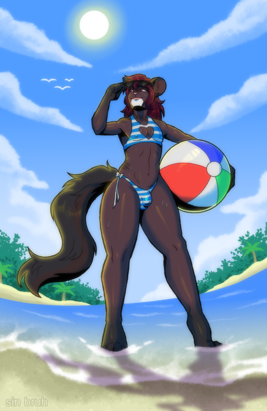 2020 anthro avian ball beach beach_ball bikini biped bird bulge clothed clothing cloud detailed_background digital_media_(artwork) eyewear eyewear_on_head foreshortening fur girly hair hi_res inflatable male mammal mink mustelid musteline navel nipple_outline outside palm_tree partially_submerged pattern_clothing pool_toy red_hair sand sea seaside sin_bruh skimpy sky smile solo standing striped_clothing stripes sun sunglasses sunglasses_on_head swimwear thick_thighs tree water wide_hips