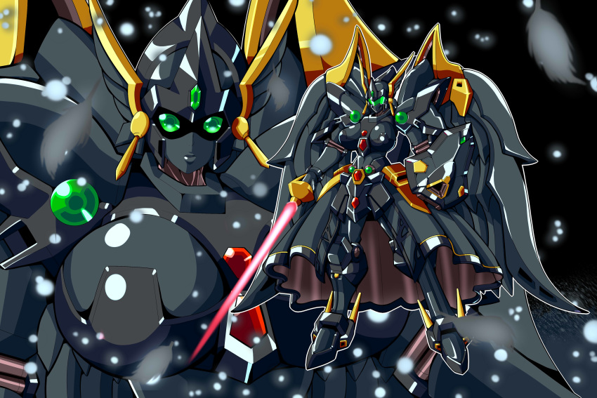 absurdres alternate_color angelg breasts energy_sword green_eyes highres holding holding_sword holding_weapon large_breasts looking_at_viewer mecha mechanical_skirt mechanical_wings meganeon multiple_views no_humans parted_lips shield standing super_robot_wars super_robot_wars_original_generation sword weapon wings