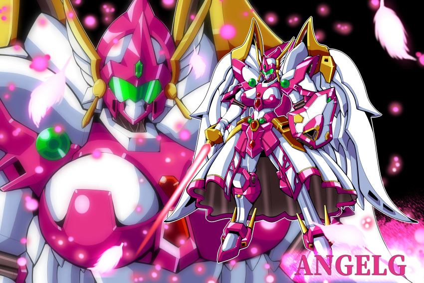 absurdres angelg breasts character_name energy_sword highres holding holding_sword holding_weapon large_breasts looking_at_viewer mecha mechanical_skirt mechanical_wings meganeon multiple_views no_humans shield standing super_robot_wars super_robot_wars_original_generation sword visor weapon wings