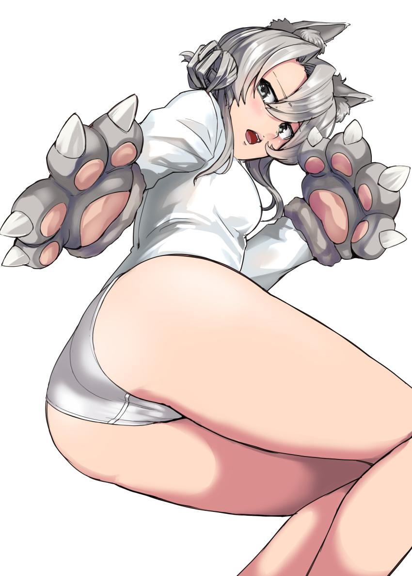 1girl absurdres animal_ears ass asymmetrical_hair bangs claws cowboy_shot flipped_hair from_below gloves highres kantai_collection leotard looking_at_viewer nowaki_(kantai_collection) paw_gloves paws silver_eyes silver_hair simple_background solo swept_bangs tail uni_(uni-strain) white_background white_leotard wolf_ears wolf_tail