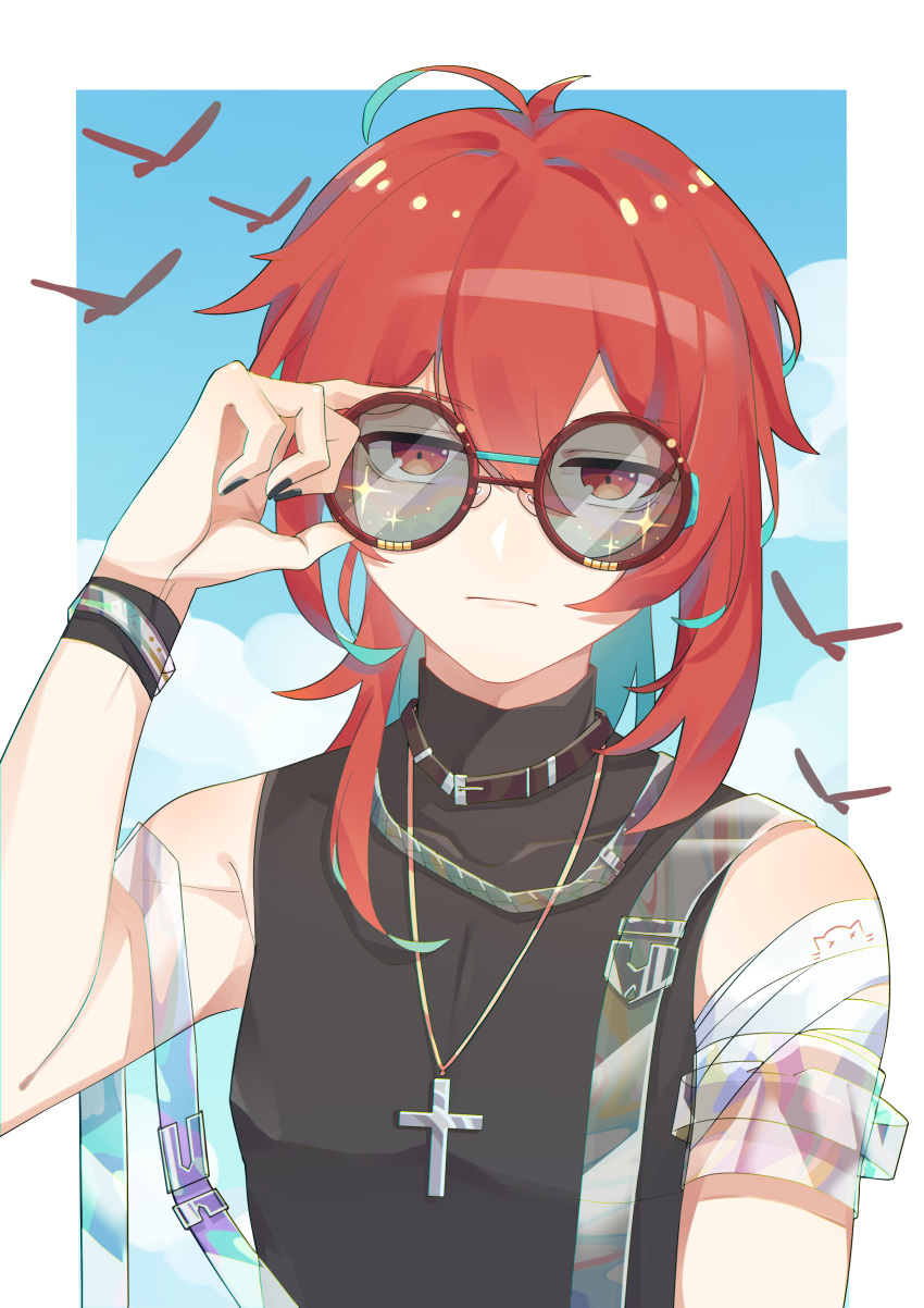 1boy absurdres black_shirt chen_clear chinese_commentary contemporary cross cross_necklace diluc_(genshin_impact) genshin_impact highres holding holding_eyewear jewelry looking_at_viewer necklace red_eyes red_hair round_eyewear shirt sleeveless sleeveless_shirt solo summer sunglasses