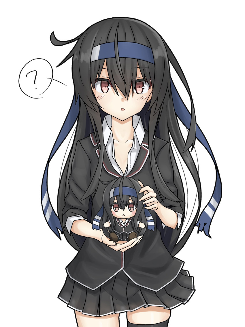 1girl ? black_hair black_legwear black_skirt blazer blue_headband character_doll commentary_request hatsushimo_(kantai_collection) headband highres jacket kantai_collection long_hair looking_at_viewer low-tied_long_hair pleated_skirt red_eyes remodel_(kantai_collection) school_uniform simple_background single_thighhigh skirt solo spoken_question_mark thighhighs umino_ht white_background