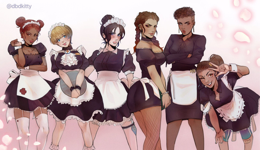 6+girls apex_legends ass bangalore_(apex_legends) black_hair blonde_hair blue_eyes breasts brown_eyes brown_hair commentary_request crossed_arms dark_skin dbdkitty double_bun earrings highres jewelry large_breasts lifeline_(apex_legends) loba_(apex_legends) long_hair looking_at_viewer maid maid_headdress medium_breasts multiple_girls one_eye_closed rampart_(apex_legends) smile thick_thighs thighhighs thighs wattson_(apex_legends) white_legwear wraith_(apex_legends)